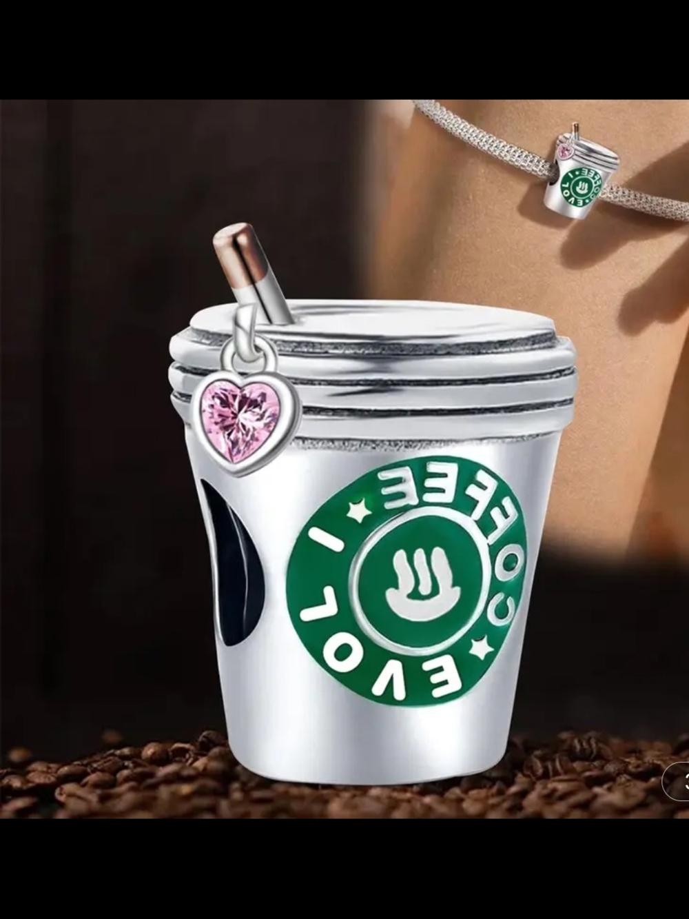 Coffee Cup Charm with Green Logo and Pink Heart Accent